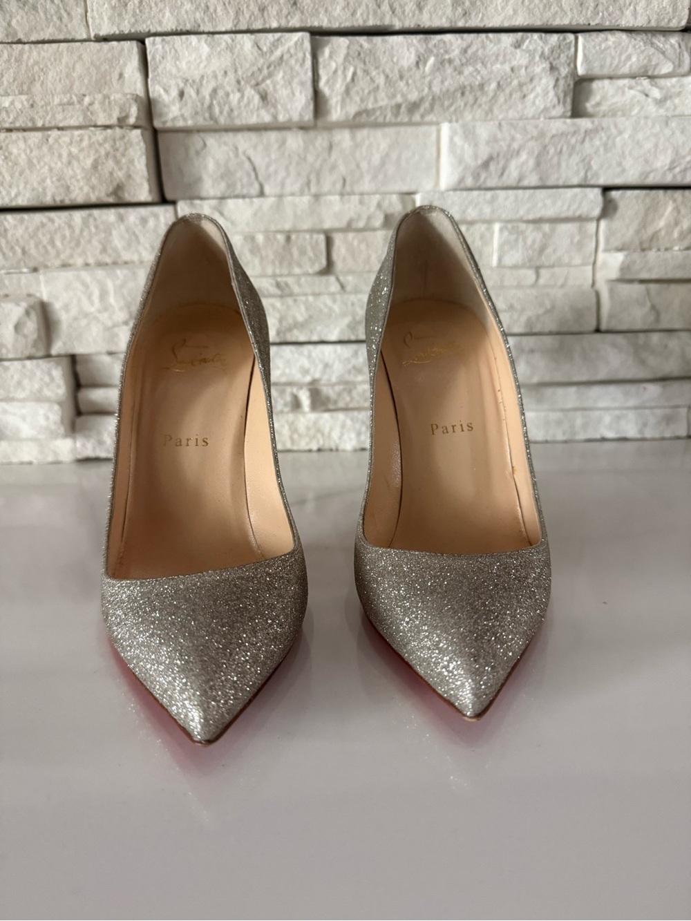 Christian Louboutin Silver Glitter Pointed Toe Pumps with Red Soles